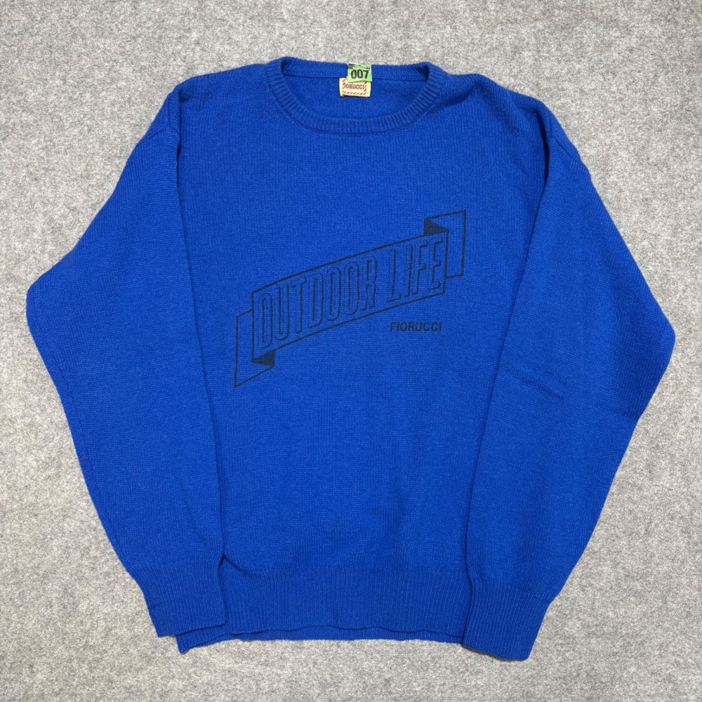 Vintage Fiorucci Outdoor Life Blue Knit Sweater Mens Graphic Crewneck